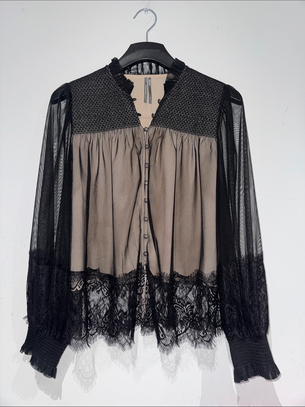 Anthropologie Black Lace-Trim Sheer Blouse with Taupe Panel